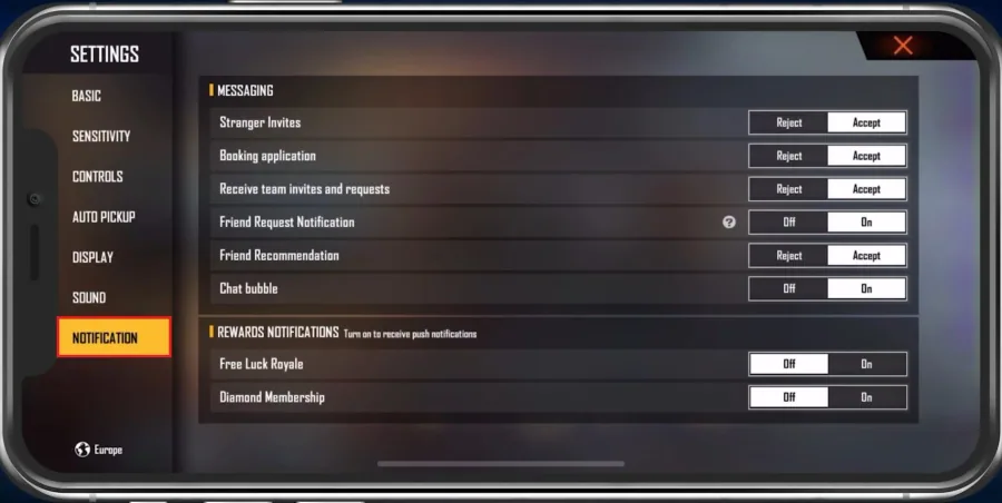Free Fire Settings > Notification