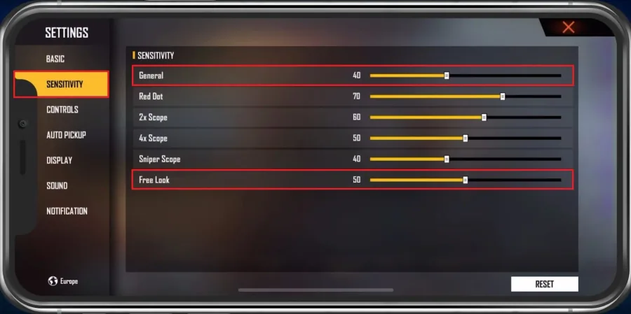 Free Fire Settings > Sensitivity