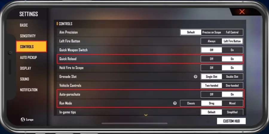 Free Fire Settings > Controls