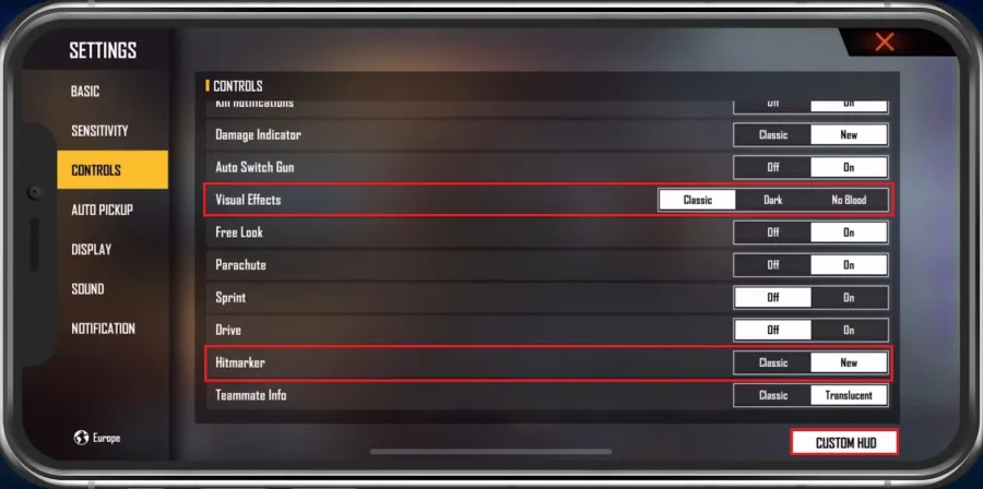 Free Fire Settings > Controls > Custom HUD
