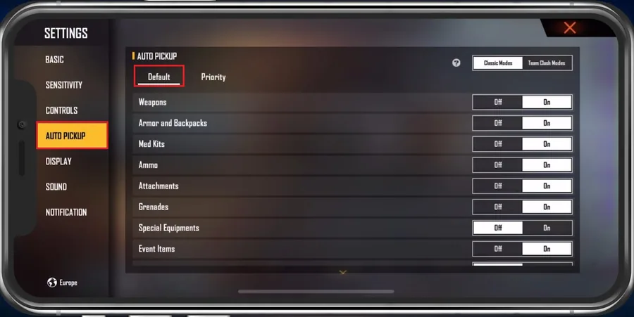 Free Fire Settings > Auto Pickup
