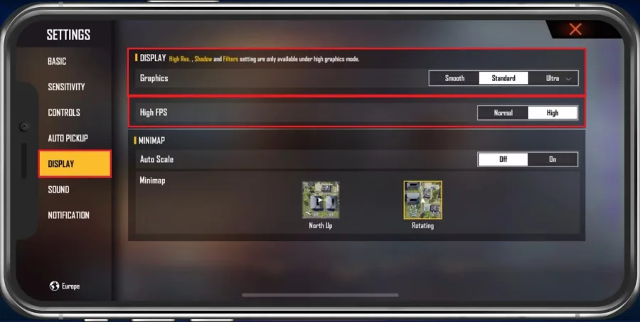 Free Fire Settings > Display