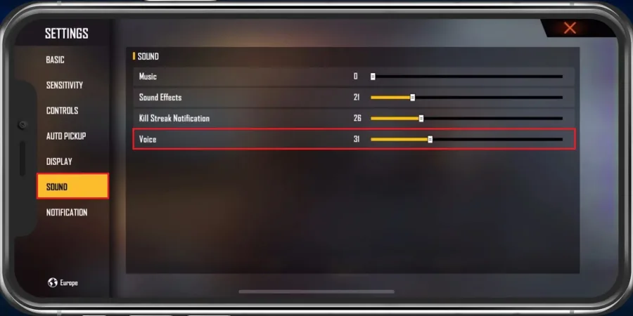 Free Fire Settings > Sound