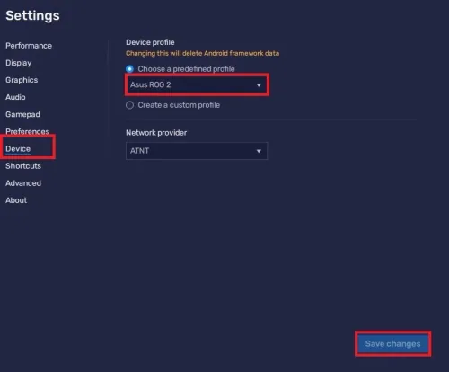 BlueStacks Settings > Device > Asus ROG 2
