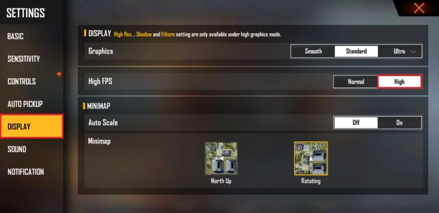 Free Fire Settings > Display > High FPS