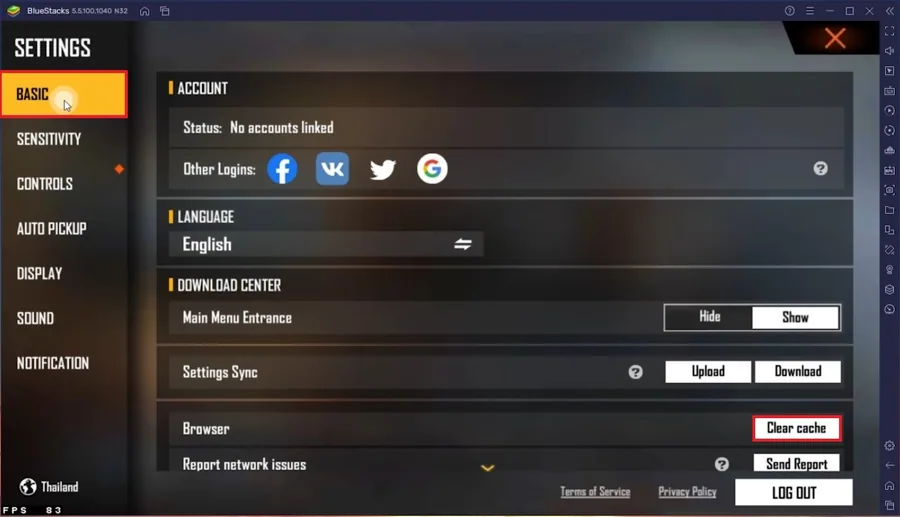 Free Fire Settings > Basic > Clear Cache