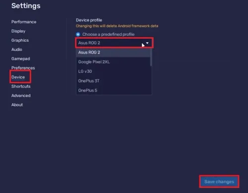 BlueStacks Settings > Device