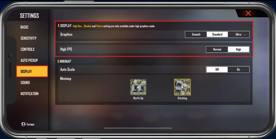 Free Fire Settings > Display