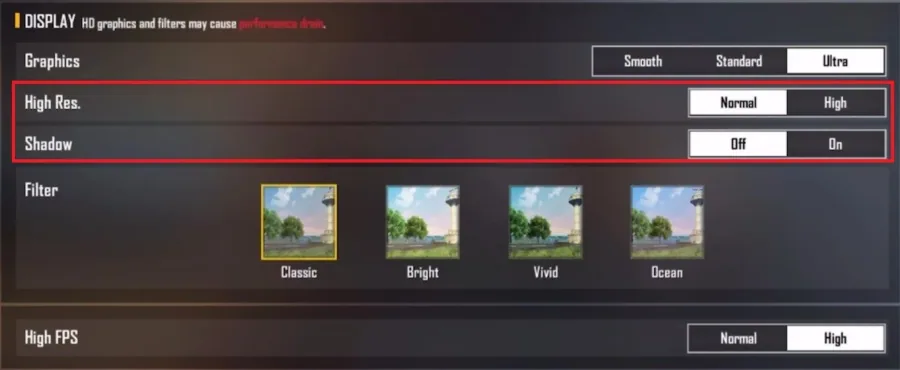 High Resolution & Shadow settings in Free Fire