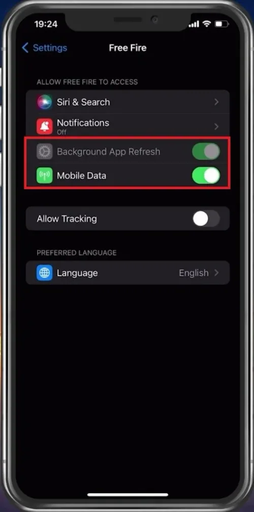 iPhone Settings > Free Fire > Mobile Data