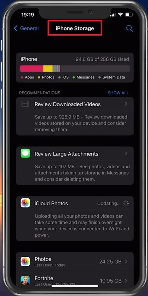 iPhone Settings > General > iPhone Storage