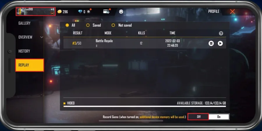 Free Fire Settings > Replay