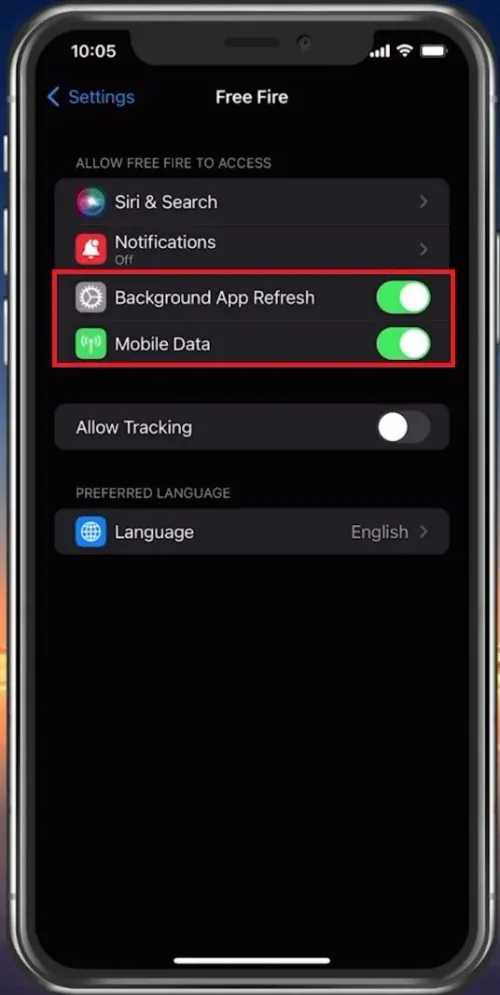 iPhone Settings > Free Fire > Mobile Data