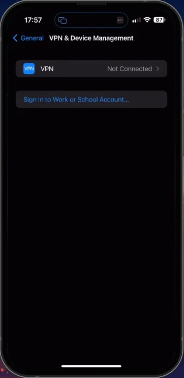 iPhone Settings > General > VPN & Device Management