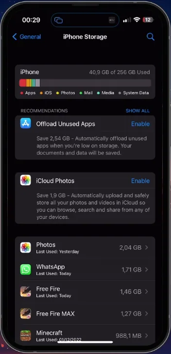 iPhone Settings > General > iPhone Storage