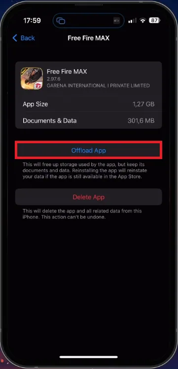 iPhone Storage > Free Fire > Offload App