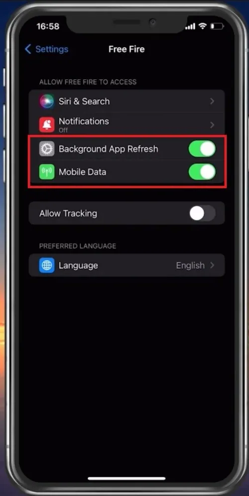 iPhone Settings > Free Fire > Background App Refresh & Mobile Data