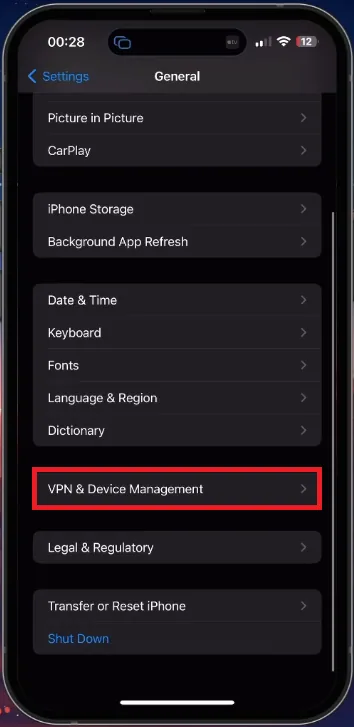 iPhone Settings > General > VPN & Device Management