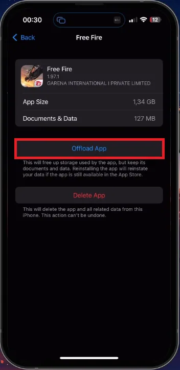iPhone Storage > Free Fire > Offload App