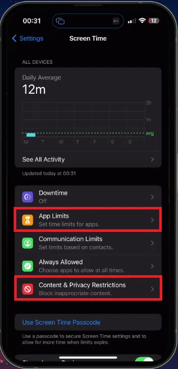 iPhone Settings > Screen Time