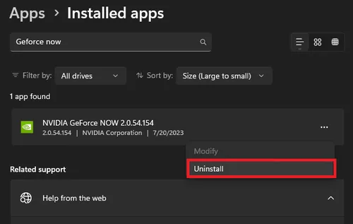 uninstall geforce now