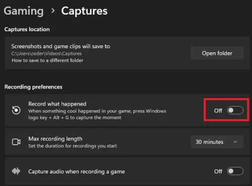 gaming settings disable captures