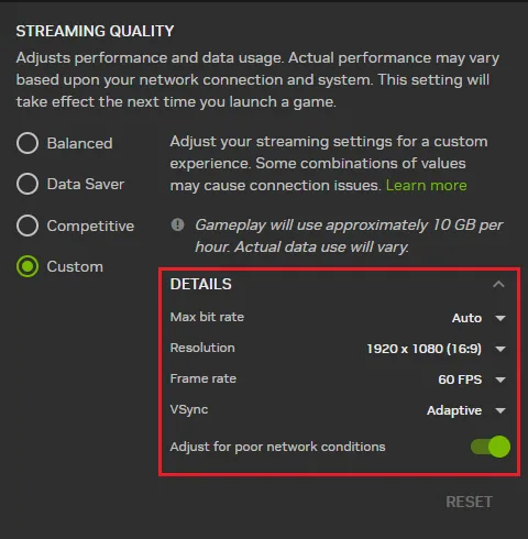 custom streaming options