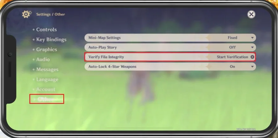 Genshin Impact Settings > Other > Verify File Integrity