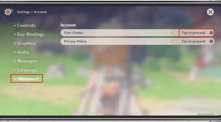 Genshin Impact Settings > Account > User Center