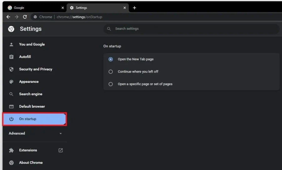 Chrome Settings > On Startup
