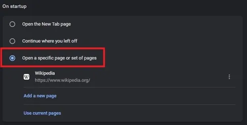 On startup > Open a specific page or set of pages