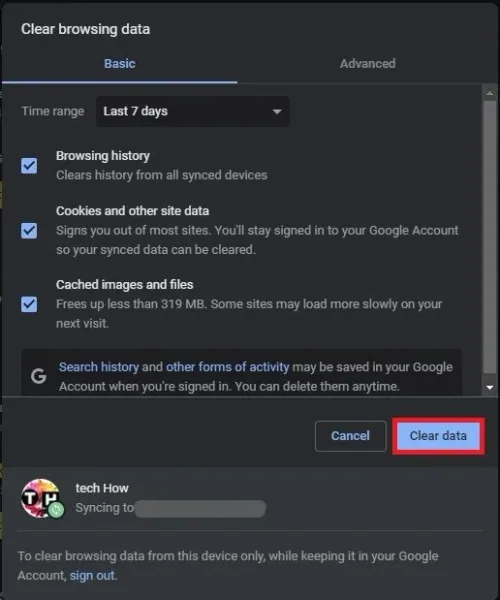 Clear browsing data > Cookies and other site data > Clear data