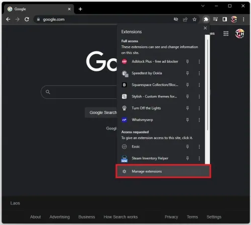 Google Chrome > Manage Extensions