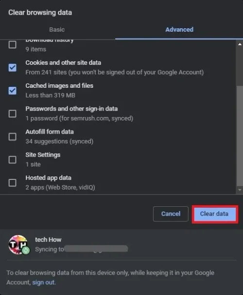 Clear Browsing Data > Advanced
