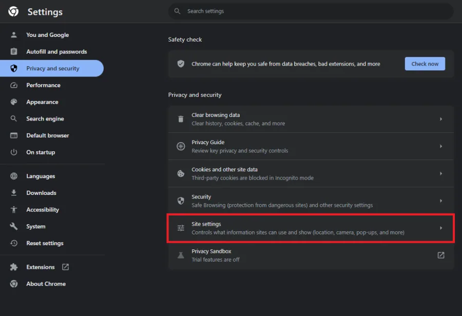 google chrome site settings