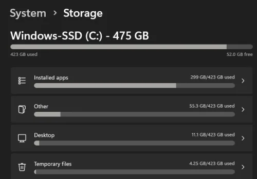 windows storage settings