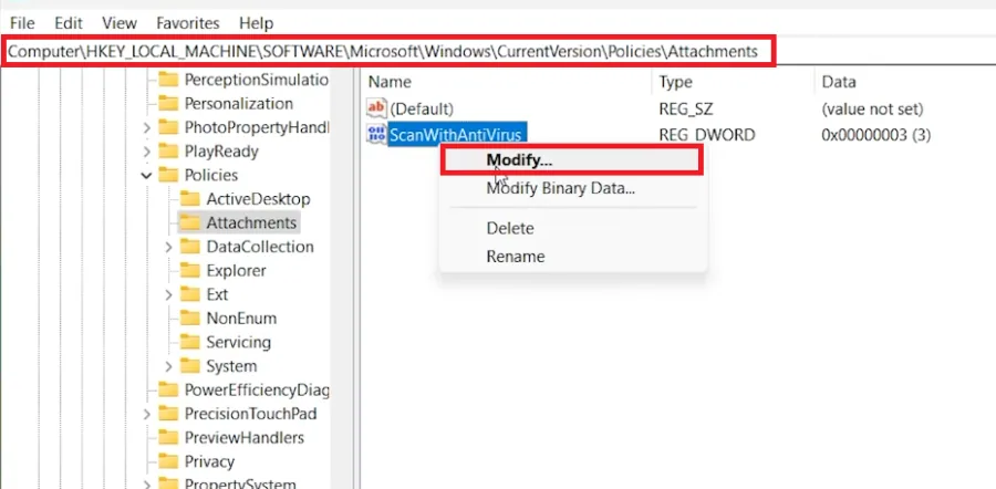 registry editor modify