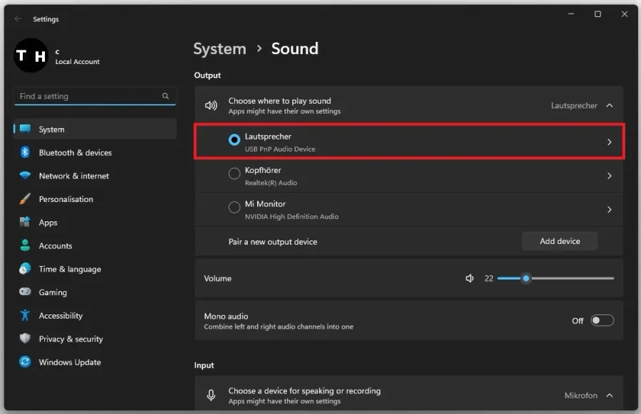 Windows Settings > System > Sound