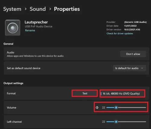 System Settings > Sound > Device Properties
