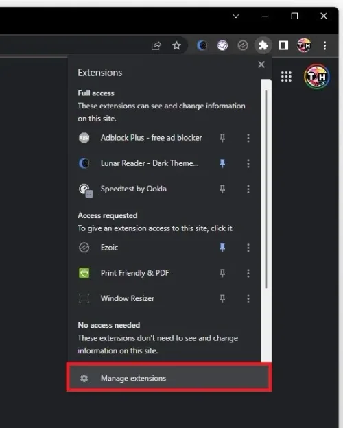 Google Chrome > Manage Extensions