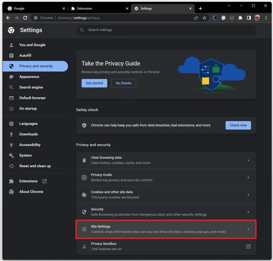 Chrome Settings > Privacy & Security > Site Settings