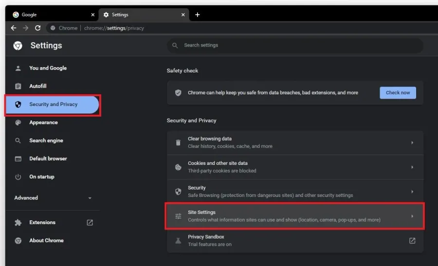 Settings > Security and Privacy > Site Settings