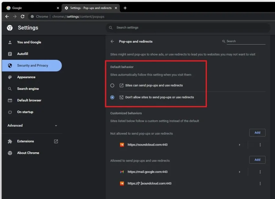 Pop-ups and redicrects > Default behavior