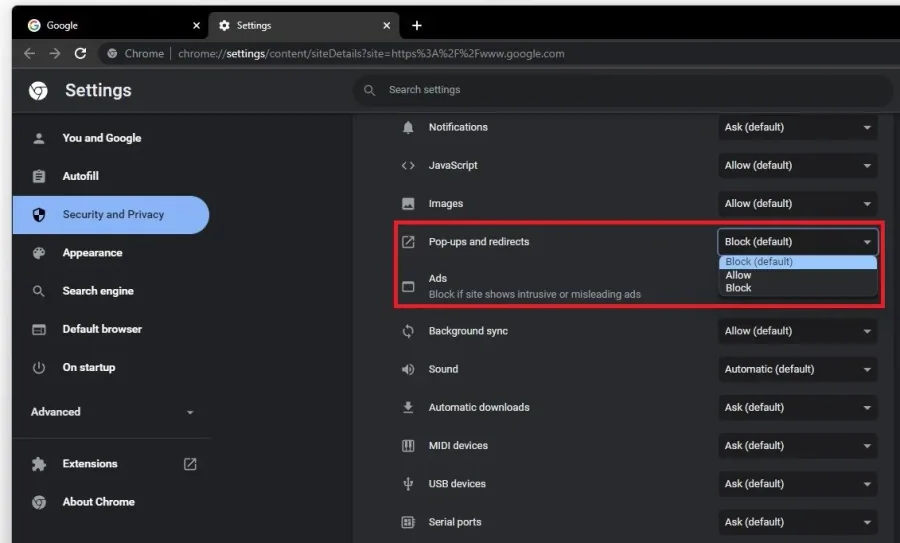 Pop-ups and redicrects > Block (default)