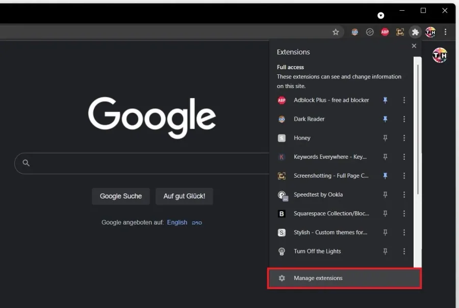 Google Chrome > Manage Extensions
