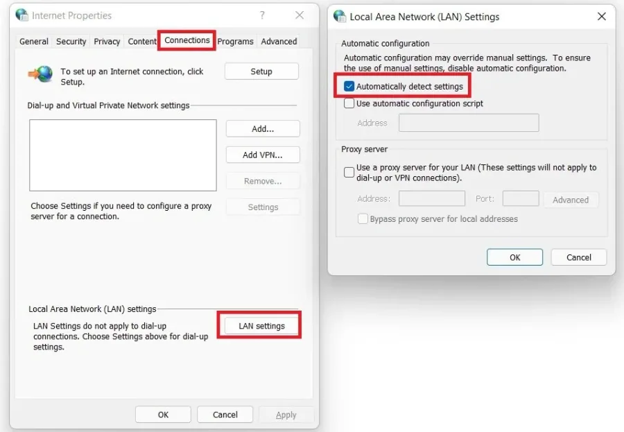 Internet Properties > Settings > Internet Options > LAN Settings