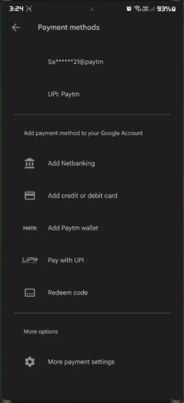 google play payment methods settings
