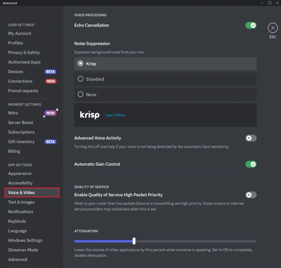 Discord User Settings > Voice & Video