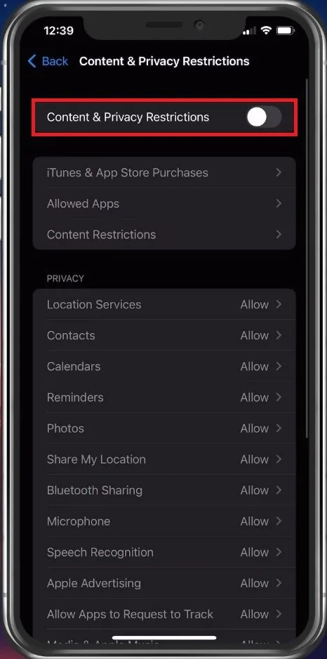 iPhone Settings > Screen Time > Content & Privacy Restrictions
