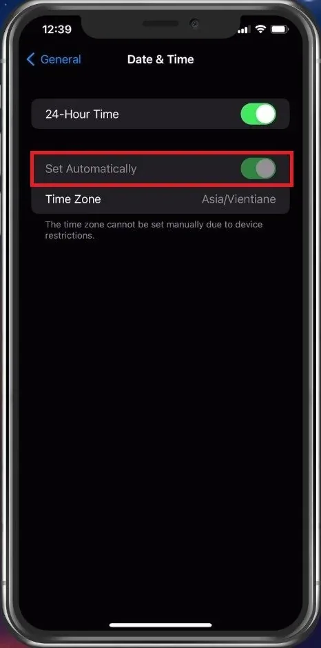 iPhone Settings > General > Date & Time > Set Automatically